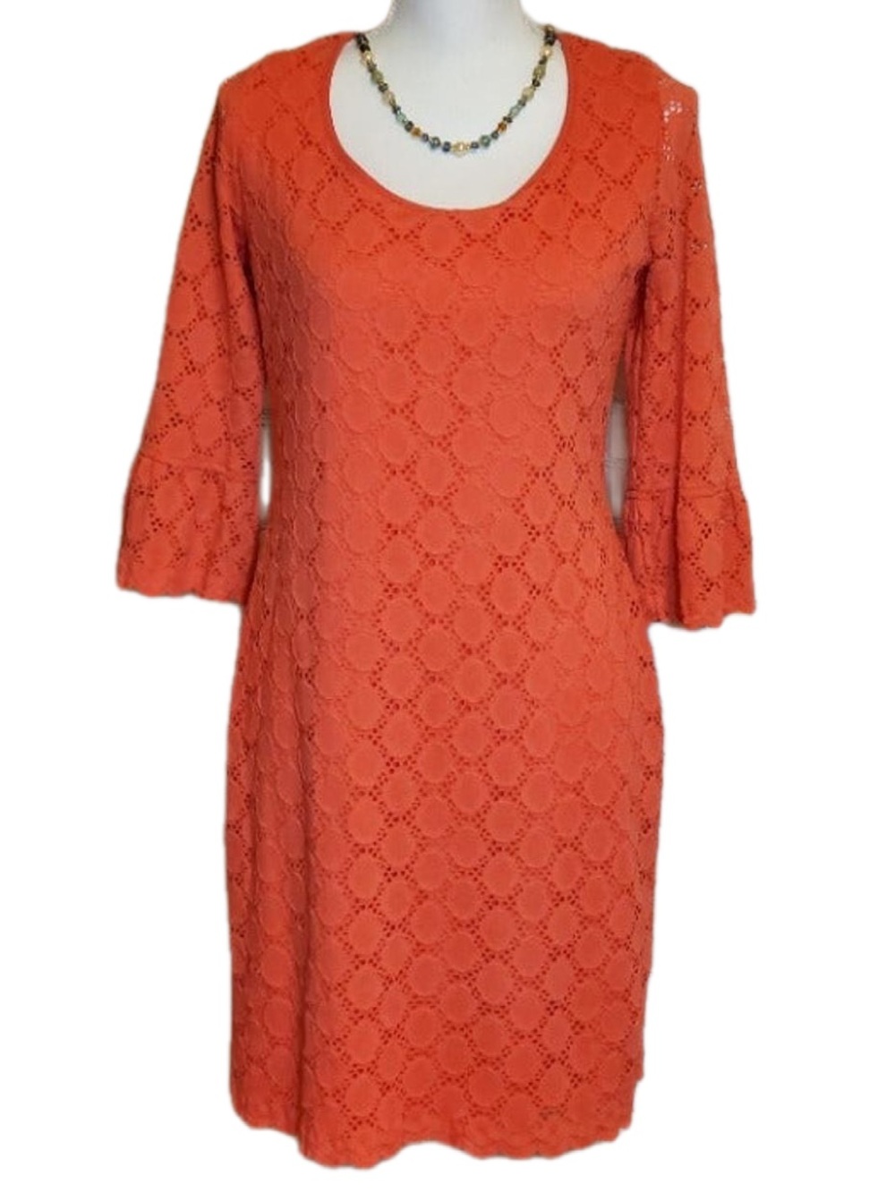 Ronni Nicole Coral Orange Eyelet Shift Dress with 3/4 Bell Sleeves